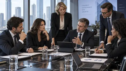 Una junta y su equipo jurídico analizan materiales de gobierno corporativo en una sala de reuniones.
