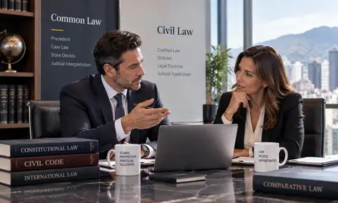 Dos profesionales del derecho comparan materiales de Common Law y Civil Law en una oficina corporativa.