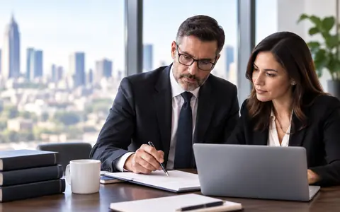 Dos profesionales del derecho revisan documentos juntos en una oficina corporativa moderna.
